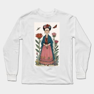 Frida's Floral Reverie: Illustrated Tribute Long Sleeve T-Shirt